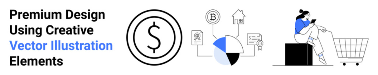 Dollar symbol, pie chart with icons, woman checking phone beside shopping cart. Ideal for finance, e-commerce, data analysis, budgeting, digital wallets, marketing flat landing page banner