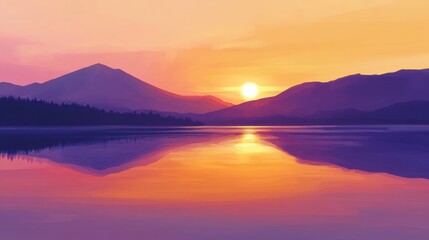 Fototapeta premium Serene Lake at Sunset with Mountain Silhouette and Vibrant Reflections, Illustration.