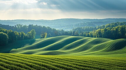 Fototapeta premium Lush green rolling hills under a dramatic sky with sunlight breaking through clouds, serene landscape
