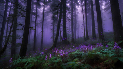 Obraz premium A mystical forest with tall trees and glowing purple flowers, fog hovering above the ground, and the entire scene bathed in an ethereal purple light.