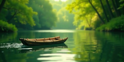 Obraz premium Serene Wooden Boat Gently Drifting on a Calm River Surrounded by Lush Green Foliage