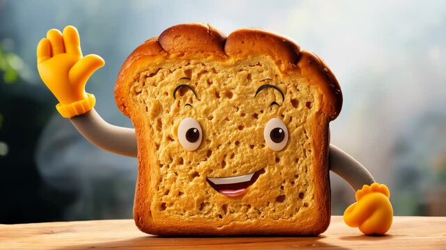 Cartoon toast or piece of bread character waving hands in greetings. Freshly baked bread mascot