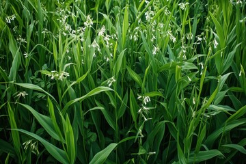 Obraz premium Field of Wild Garlic Flowers and Green Leaves, Dense Botanical Scene