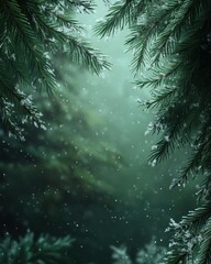 Snowy Evergreen Branches Frame on Moody Green Forest Background