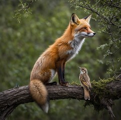 "A friendly fox and a little bird sharing a peaceful moment on a tree branch."