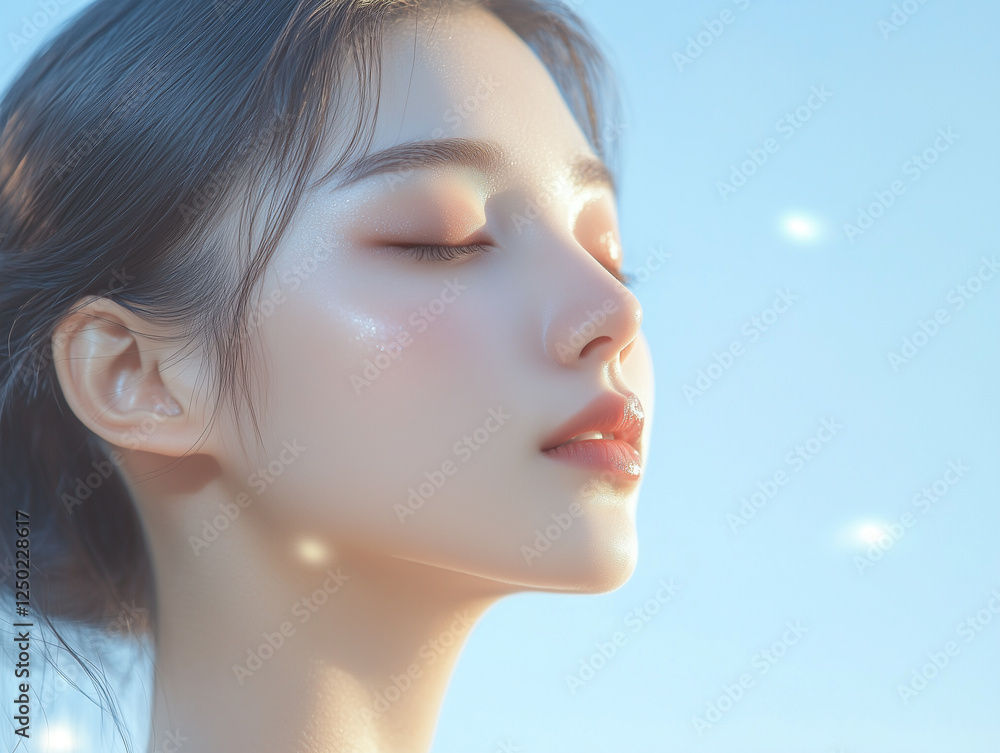 Poster 若くてかわいいアジア人女性モデルが目を瞑っている横顔。柔らかいフォーカスで、穏やかな雰囲気のポートレート。