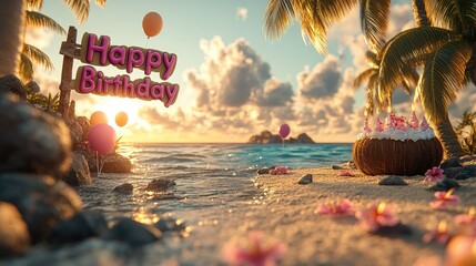 Tropical beach scene celebrating a birthday with a cake, balloons, and sunset backdrop