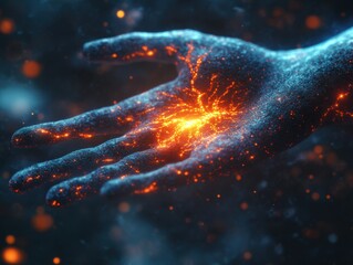 Abstract Art Depicting a Hand in Cosmic Energy Flow, Perfect for Sci-Fi and Fantasy Enthusiasts, Featuring Glowing Particles and Intricate Details, Ideal for Digital Art Collections and Wall Decor
