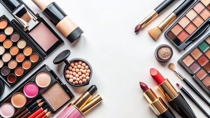 Makeup Flat Lay: Beauty Products & Cosmetics on White Background with Copy Space