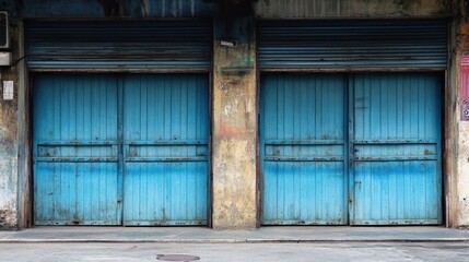 Weathered Blue Wooden Garage Doors with Texture and Urban Backdrop