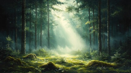 Obraz premium Serene forest scene with sunlight filtering through trees, illuminating mossy ground and misty background