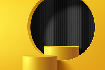 3D yellow round podium background with black circle window. Abstract composition minimalist design. Studio display showroom cosmetic stand product pedestal, Fashion stage showcase mockup wall scene.