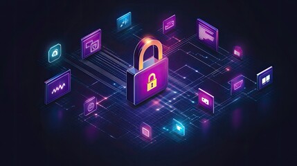 Digital security concept with a padlock surrounded by various technology icons and data streams