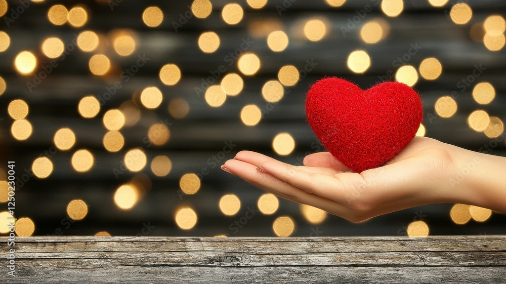Aufkleber red heart on open hand with bokeh background for romantic themes