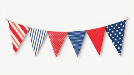Obraz premium A colorful bunting with red, white, and blue patterns, including stripes and polka dots, perfect for festive occasions.