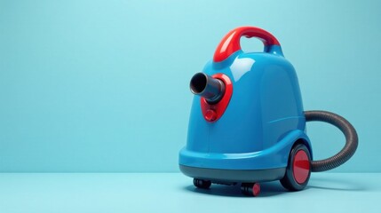 Compact Blue Vacuum Cleaner with Red Accents on a Light Blue Background