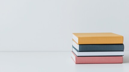A stack of four colorful books on a white surface, showcasing a minimalist and modern aesthetic.