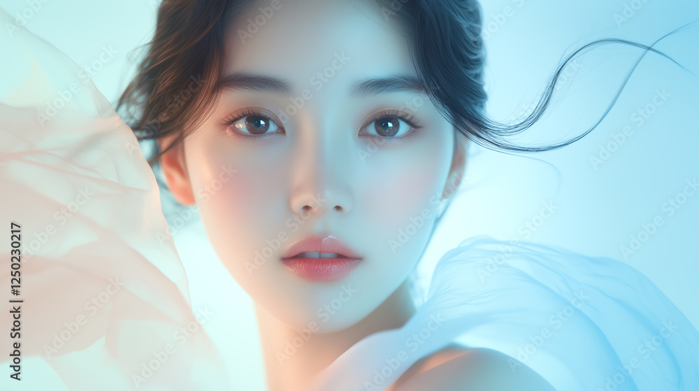 Poster 美肌の若くて綺麗なアジア人女性モデルの美容・ファッションポートレート。白い布が舞う撮影背景。
