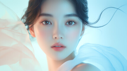 美肌の若くて綺麗なアジア人女性モデルの美容・ファッションポートレート。白い布が舞う撮影背景。	