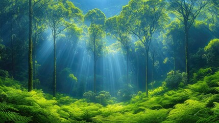Fototapeta premium Lush green forest with sunlight filtering through tall trees and vibrant ferns in the undergrowth