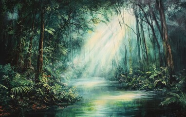 Tranquil Rainforest River Oil Painting of Lush Vegetation and Sunbeams