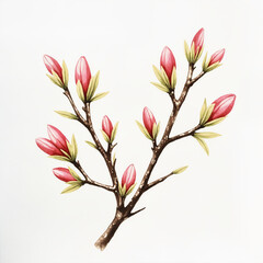 Fototapeta premium Magnolia branch with buds, fresh mood, botanical illustration, pink and green colors, nature concept