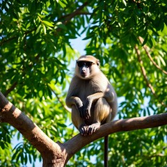 Fototapeta premium A hamadryas monkey wearing sunglasses sits on a tree branch.