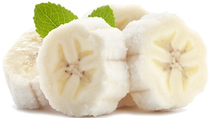 Fresh banana slices with mint leaves on white background