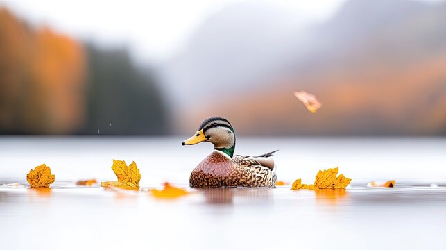 A serene mallard duck gliding through calm waters surrounded by autumn leaves and misty mountains