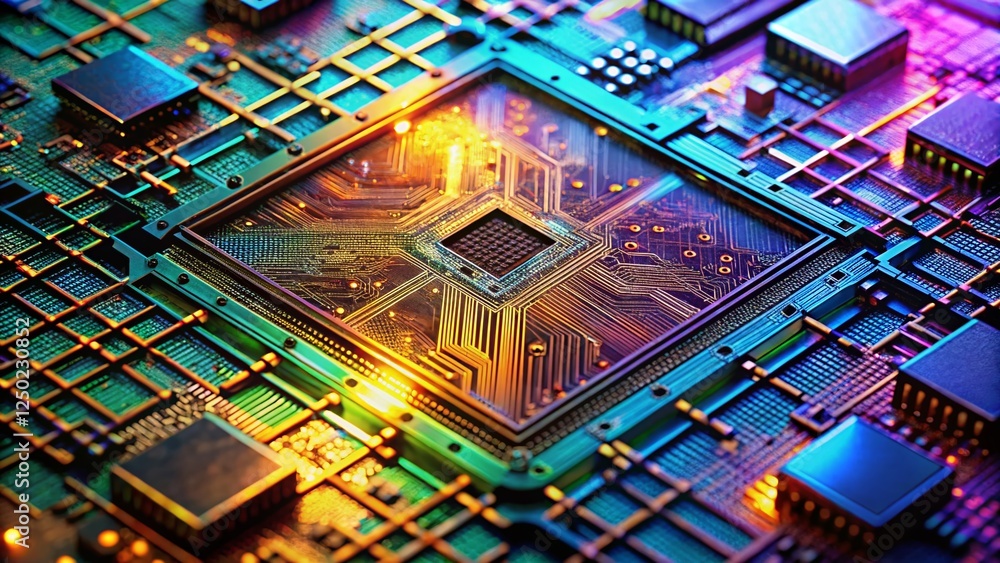 Poster microscopic view of scalable wafer circuit design in a high-tech laboratory