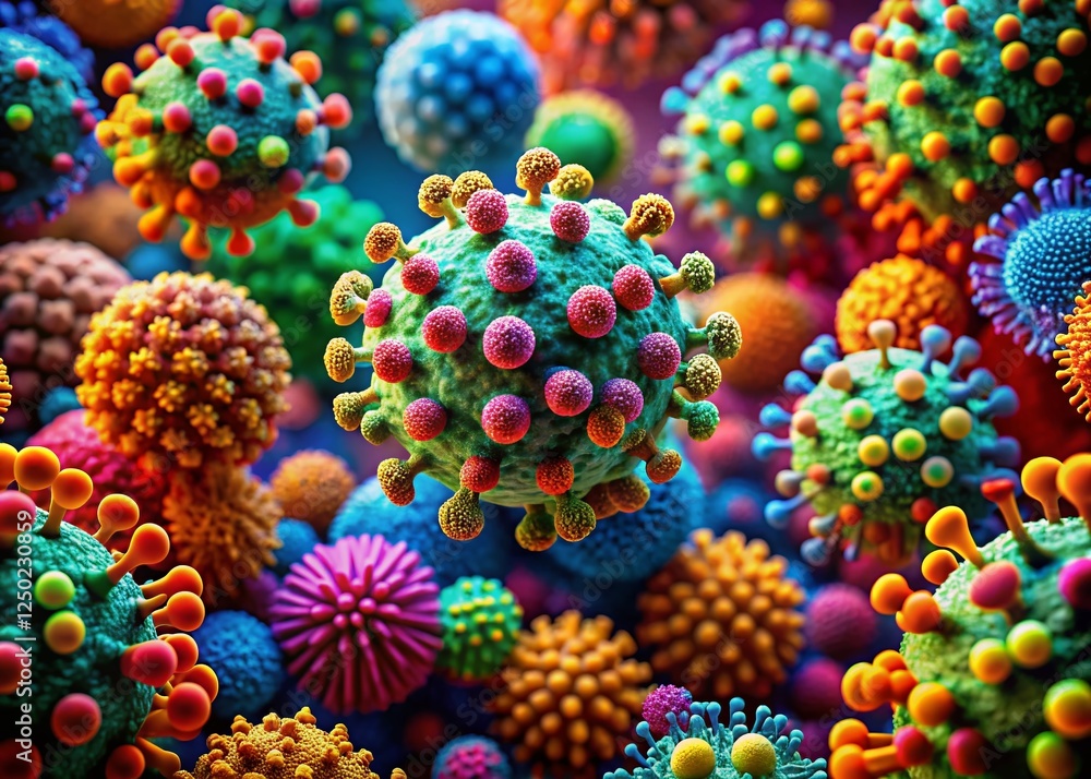 Poster microscopic view of viral particles: complex structure of viruses, high-resolution image