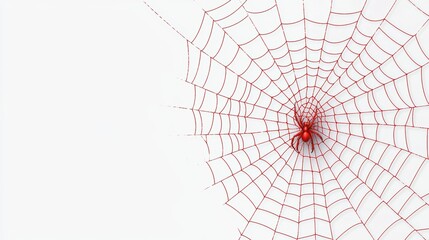 Obraz premium A detailed spider web with a bright red spider at its center, set against a clean, white background, creating a striking visual contrast.