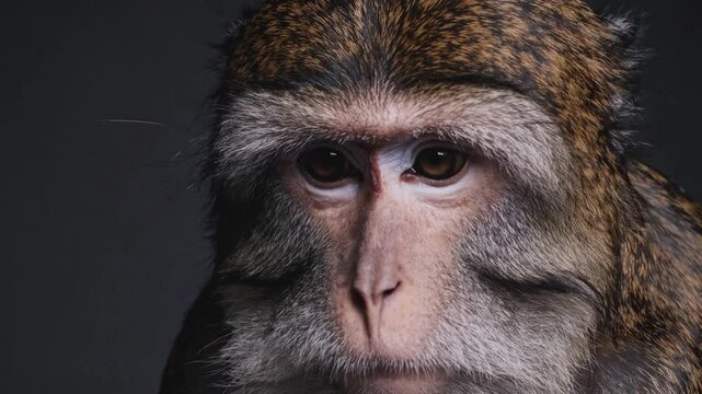 Monkey Portrait:  A captivating close-up portrait of a monkey, its expressive eyes and textured fur creating a compelling footage against a dark backdrop.
