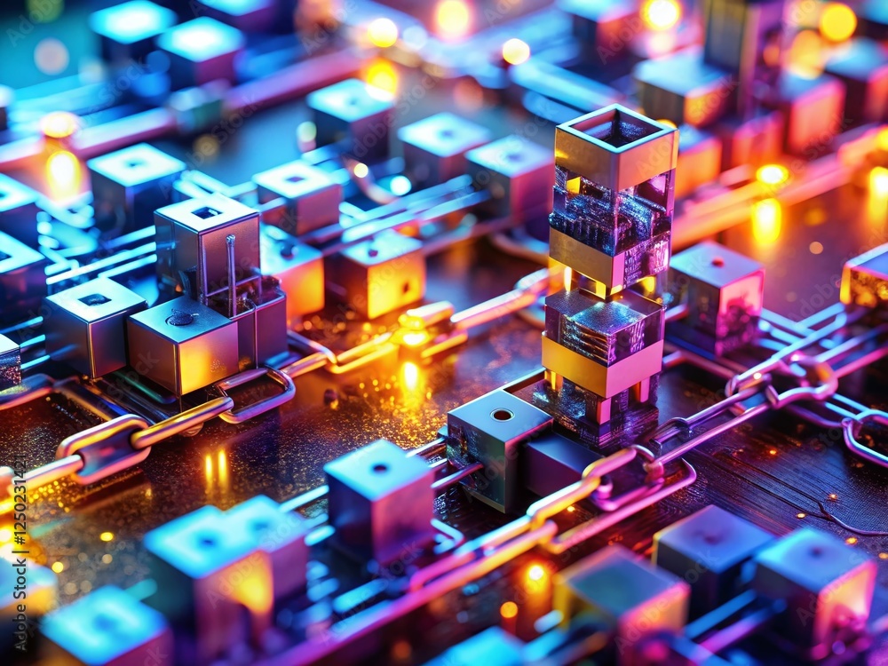 Poster miniature blockchain smart contract execution: automated 3d animation close-up