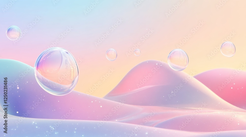 Poster Pastel Dreamscape Abstract 3D Render with Floating Bubbles and Soft Gradient Background