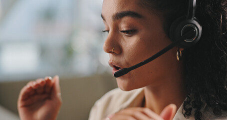 Office, woman and talking with microphone for call center, customer information and consultant. Telemarketing, business and female agent with headset for feedback, sales support or service for client