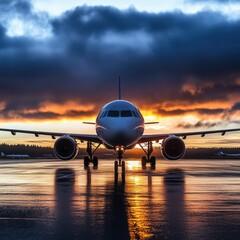 Airplane landing at sunset airport