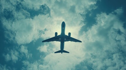 Airplane flying through a cloudy sky.