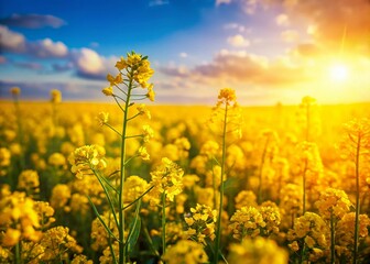 Miniature Colorful Rapeseed Field in Bloom, Spring Landscape, Tilt-Shift Photography