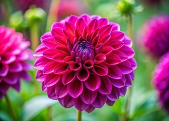 Fototapeta premium Miniature Dahlia Bloom: Red Magenta Purple Flower Closeup, Tilt-Shift Photography