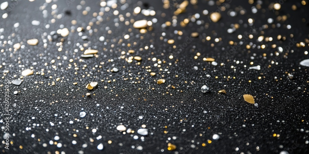Poster abstract black texture with gold and silver splatter macro close-up for backgrounds and design eleme