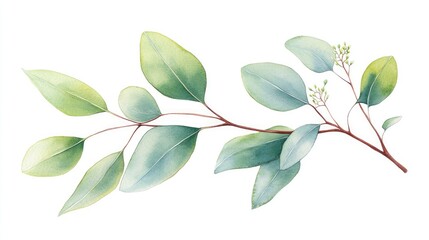 Delicate watercolor illustration of a eucalyptus branch with soft green leaves and small flowers