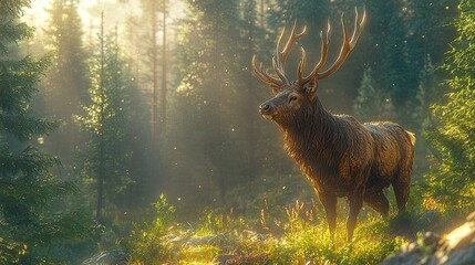 Majestic stag standing in a sunlit forest surrounded by vibrant flora and soft sunlight