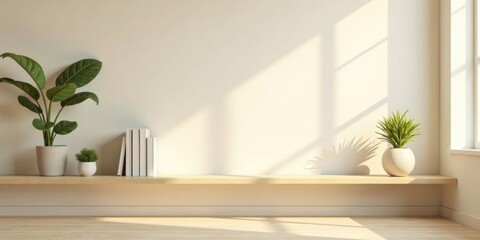 Fototapeta premium Minimalist Home Decor Light Wood Shelf with Plants and Books