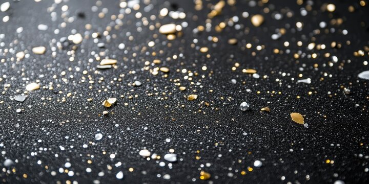 Abstract Black Texture with Gold and Silver Splatter Macro Close-Up for Backgrounds and Design Elements.