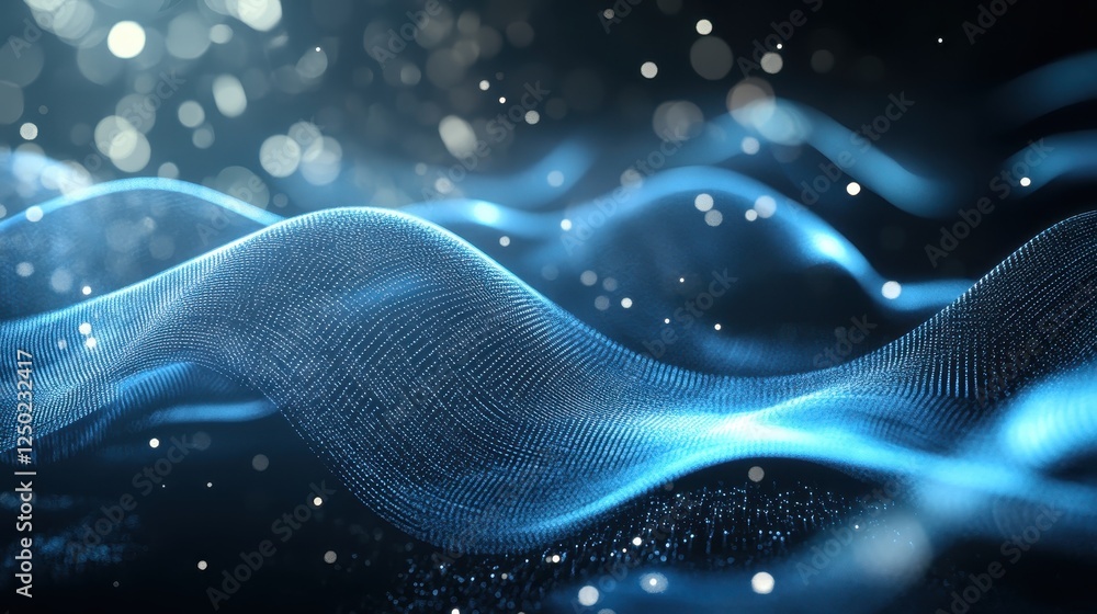 Poster elegant abstract blue wavy particle mesh with bokeh lights background