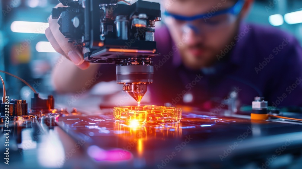 Poster focused technician operating laser machinery to create circuit patterns on a microchip in laboratory