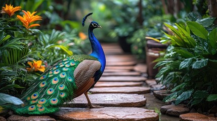 A vibrant peacock stands gracefully on a stone path in a lush garden filled with colorful flowers