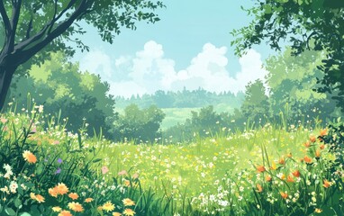 Fototapeta premium Serene Meadow Landscape Illustration with Wildflowers, Trees, and Sky