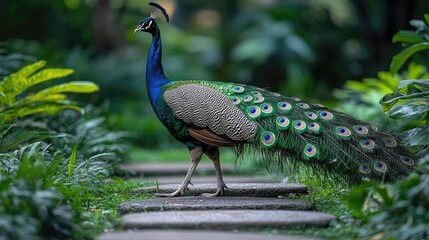 A vibrant peacock walking gracefully along a stone path in a lush garden setting
